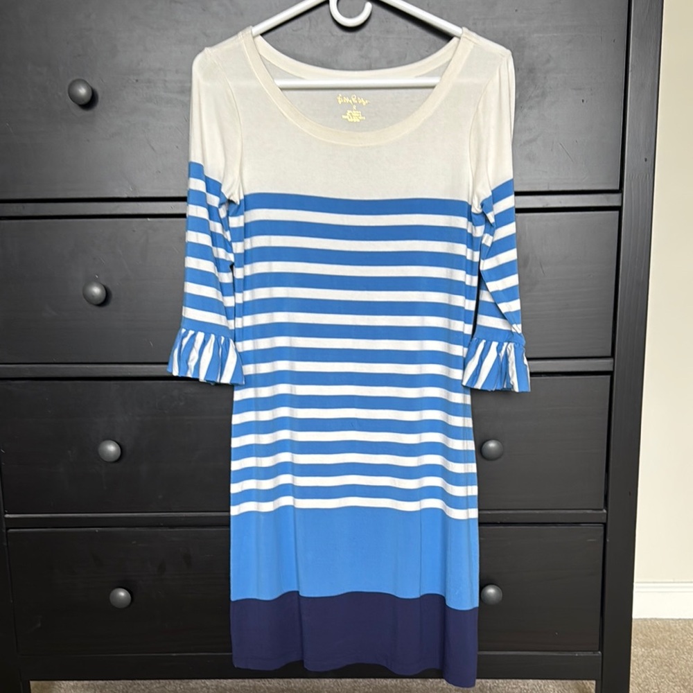 Lilly Pulitzer Blue and White Sheath Dress with Bell Sleeves